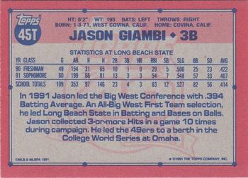 1991 Topps Traded - Gray Card Stock (Pack Version) #45T Jason Giambi Back