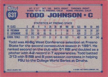 1991 Topps Traded - Gray Card Stock (Pack Version) #63T Todd Johnson Back
