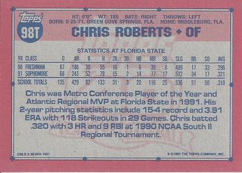 1991 Topps Traded - Gray Card Stock (Pack Version) #98T Chris Roberts Back