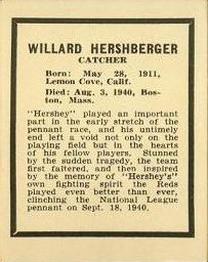 1940 Harry Hartman Cincinnati Reds (W711-2) #NNO Willard Hershberger Back