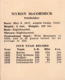 1940 Harry Hartman Cincinnati Reds (W711-2) #NNO Mike McCormick Back