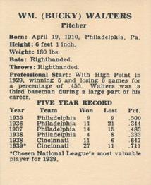 1940 Harry Hartman Cincinnati Reds (W711-2) #NNO Bucky Walters Back