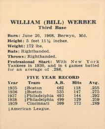 1940 Harry Hartman Cincinnati Reds (W711-2) #NNO Bill Werber Back