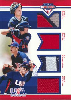 2017 Panini USA Baseball Stars & Stripes - USA BB Quad Materials Prime #6 Evan Skoug / Evan White / KJ Harrison / Nick Pratto Front