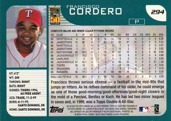 2001 Topps #294 Francisco Cordero Back