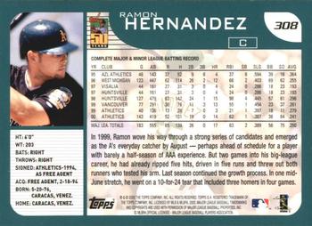 2001 Topps #308 Ramon Hernandez Back