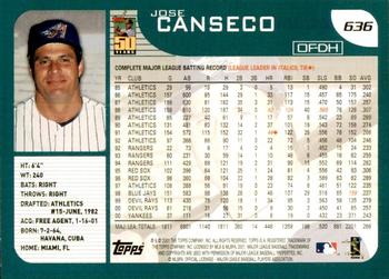 2001 Topps #636 Jose Canseco Back