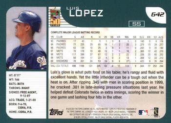 2001 Topps #642 Luis Lopez Back