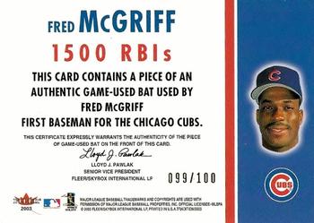 2003 Fleer Tradition - Milestones Game-Used Gold #NNO Fred McGriff Back