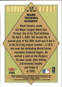 2003 Fleer Tradition Update - Diamond Debuts #12 DD Mark Teixeira Back