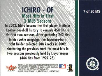 2003 Fleer Tradition Update - Milestones #7 MS Ichiro Back