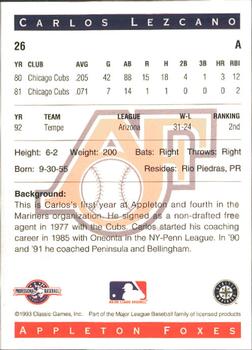 1993 Classic Best Appleton Foxes #26 Carlos Lezcano Back