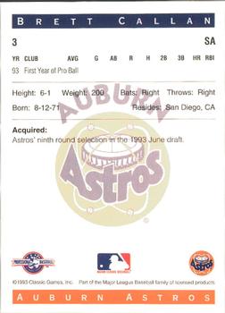 1993 Classic Best Auburn Astros #3 Brett Callan Back