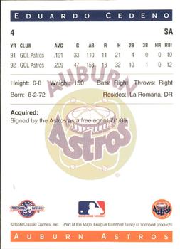 1993 Classic Best Auburn Astros #4 Eduardo Cedeno Back