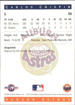 1993 Classic Best Auburn Astros #5 Carlos Crispin Back