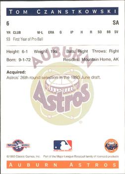 1993 Classic Best Auburn Astros #6 Tom Czanstkowski Back