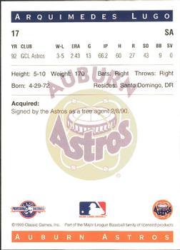 1993 Classic Best Auburn Astros #17 Arquimedes Lugo Back