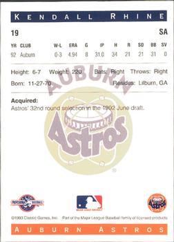 1993 Classic Best Auburn Astros #19 Kendall Rhine Back
