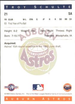 1993 Classic Best Auburn Astros #21 Troy Schulte Back