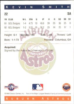 1993 Classic Best Auburn Astros #22 Kevin Smith Back