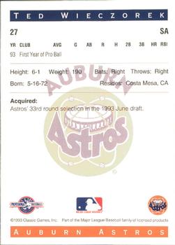 1993 Classic Best Auburn Astros #27 Ted Wieczorek Back