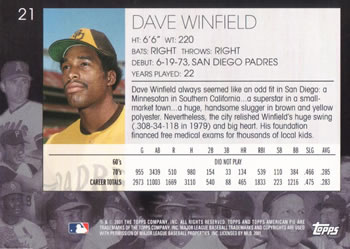 2001 Topps American Pie #21 Dave Winfield Back