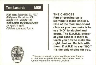 1990 Los Angeles Dodgers Police #NNO Tommy Lasorda Back