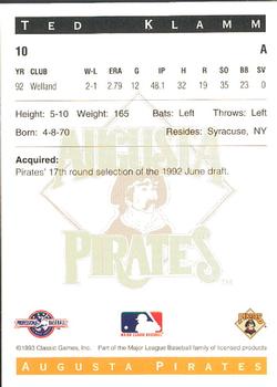 1993 Classic Best Augusta Pirates #10 Ted Klamm Back
