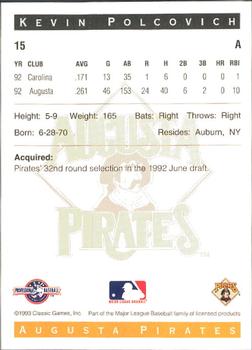 1993 Classic Best Augusta Pirates #15 Kevin Polcovich Back