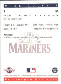 1993 Classic Best Bellingham Mariners #1 Mike Collett Back