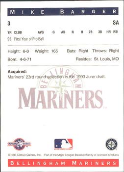 1993 Classic Best Bellingham Mariners #3 Mike Barger Back