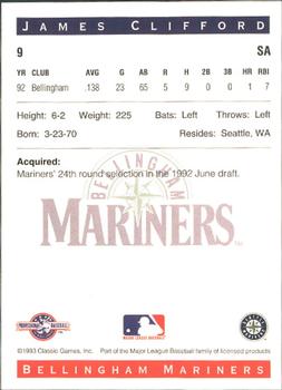 1993 Classic Best Bellingham Mariners #9 James Clifford Back