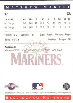1993 Classic Best Bellingham Mariners #17 Matthew Mantei Back