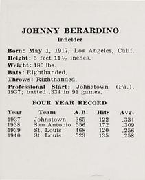1941 St. Louis Browns (W753) #NNO Johnny Berardino Back