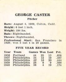 1941 St. Louis Browns (W753) #NNO George Caster Back