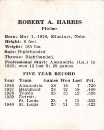 1941 St. Louis Browns (W753) #NNO Bob Harris Back