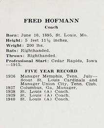 1941 St. Louis Browns (W753) #NNO Fred Hofmann Back