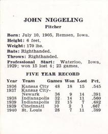 1941 St. Louis Browns (W753) #NNO Johnny Niggeling Back