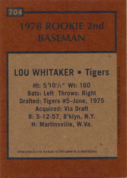 2001 Topps Archives #305 Lou Whitaker Back