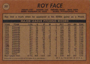 2001 Topps Archives #345 Roy Face Back