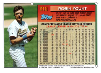 2001 Topps Archives #418 Robin Yount Back