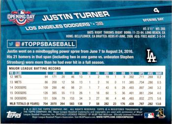 2017 Topps Opening Day - Purple Foil #4 Justin Turner Back
