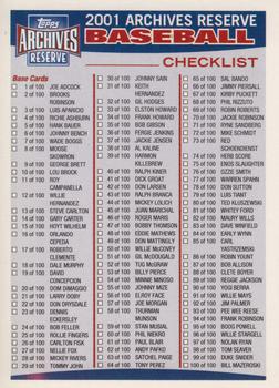 2001 Topps Archives Reserve #NNO Checklist Front
