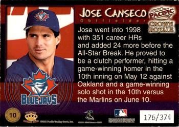 1998 Pacific Crown Royale - Home Run Fever #10 Jose Canseco Back