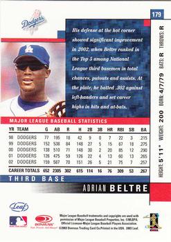 2003 Leaf - Press Proofs Red #179 Adrian Beltre Back