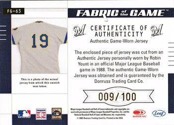 2003 Leaf Certified Materials - Fabric of the Game Base #FG-63 Robin Yount Back