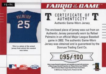 2003 Leaf Certified Materials - Fabric of the Game Base #FG-94 Rafael Palmeiro Back