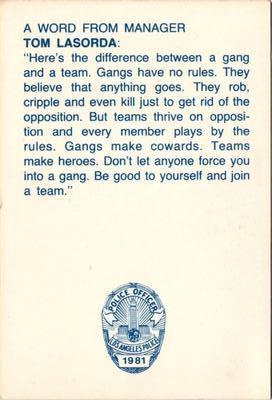 1981 Los Angeles Dodgers Police #NNO Tom Lasorda Back