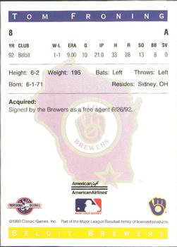 1993 Classic Best Beloit Brewers #8 Tom Froning Back
