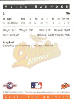 1993 Classic Best Bluefield Orioles #3 Myles Barnden Back